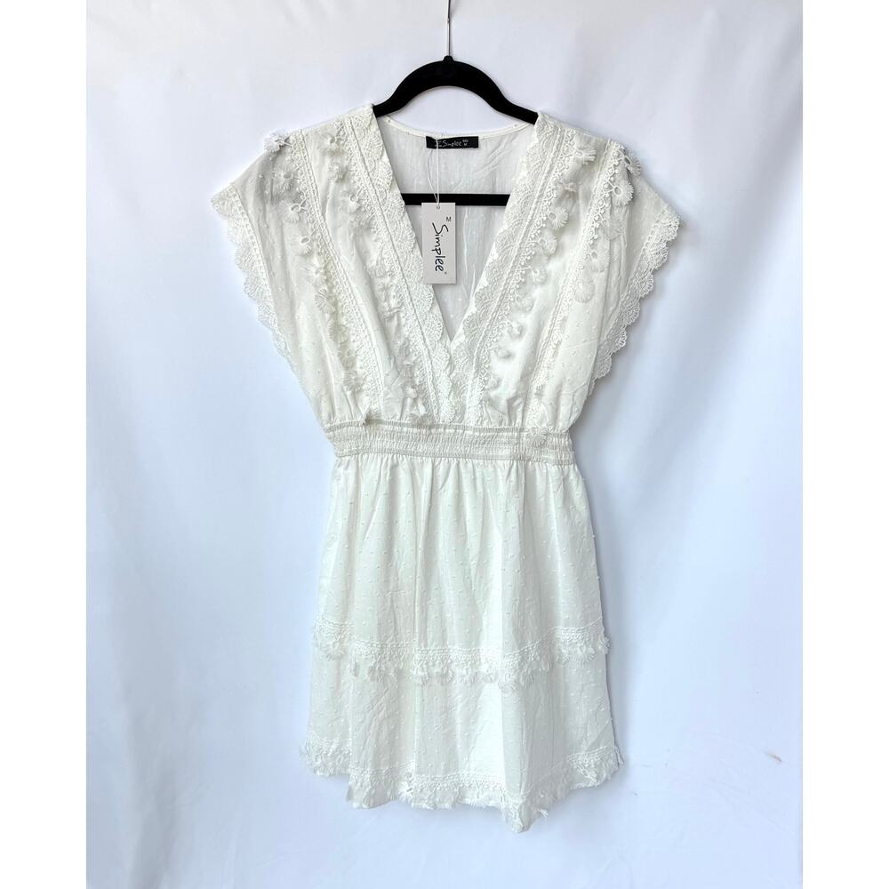 Simplee Cream Lace Mini Dress Boho Embroidered V Neck Swiss Dot NWT Size M